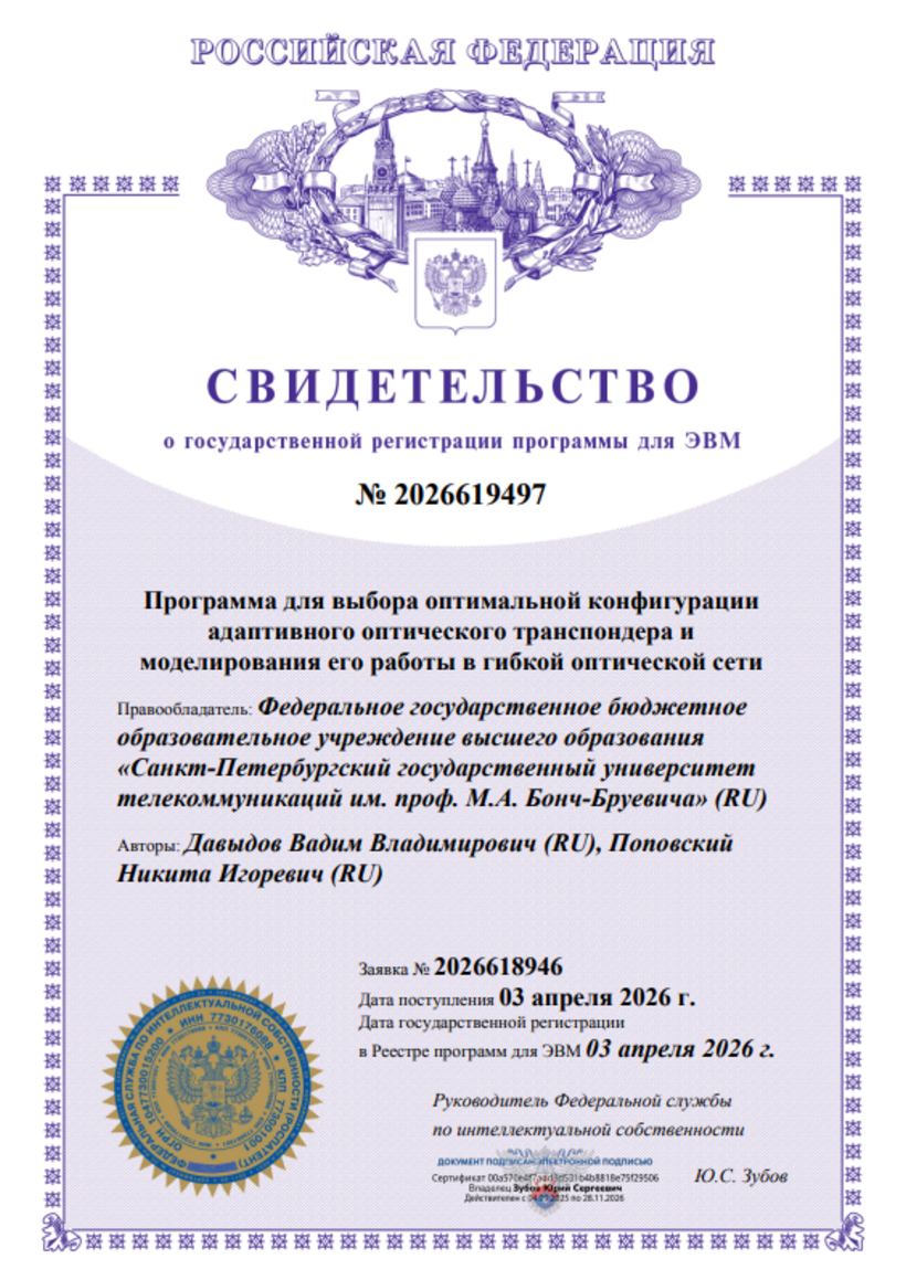 Программа для выбора оптимальной конфигурации адаптивного оптического транспондера и моделирования его работы в гибкой оптической сети